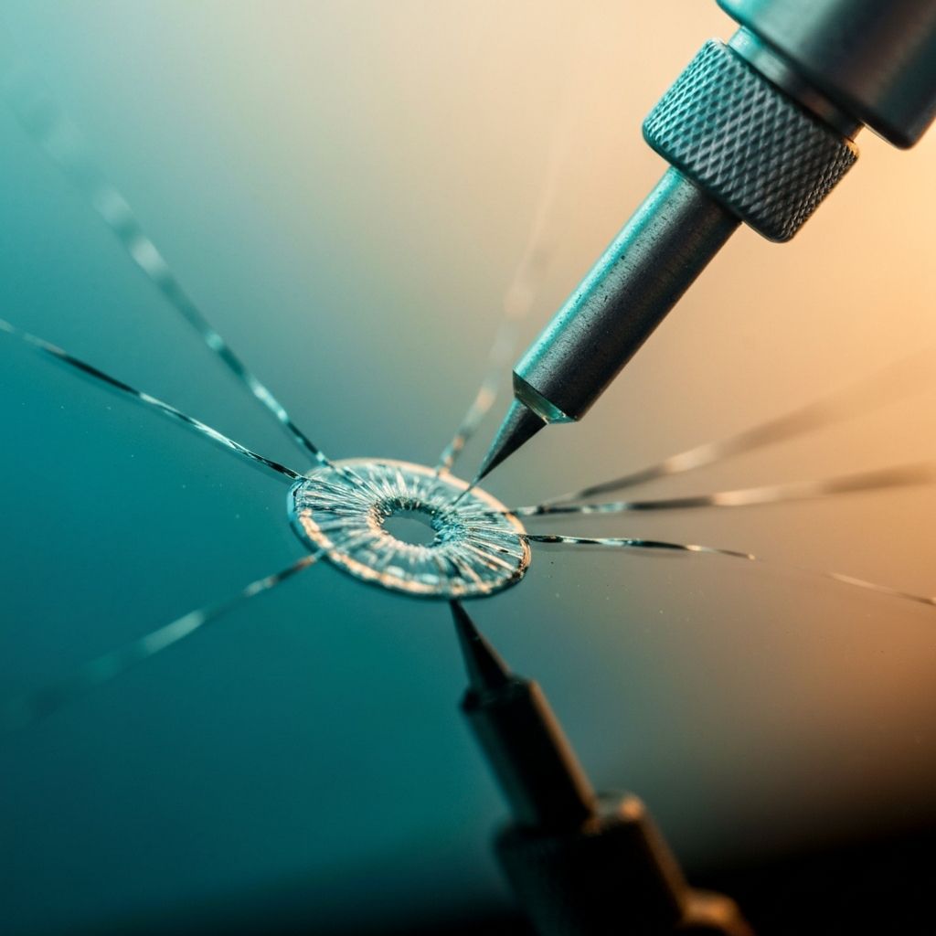 Close-up of windshield chip being repaired